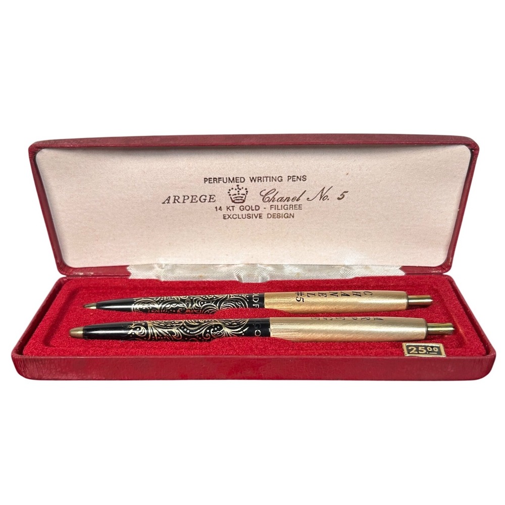 Chanel No 5 Arpege Perfumed Pens Set 14 KT Gold Filigree Writing Designer Luxury